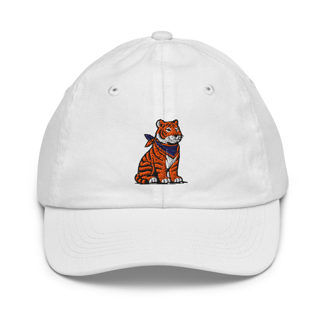 Kids and toddler Auburn tiger baseball hat with embroidered tiger logo on white adjustable cap worn by child for game day outfit.