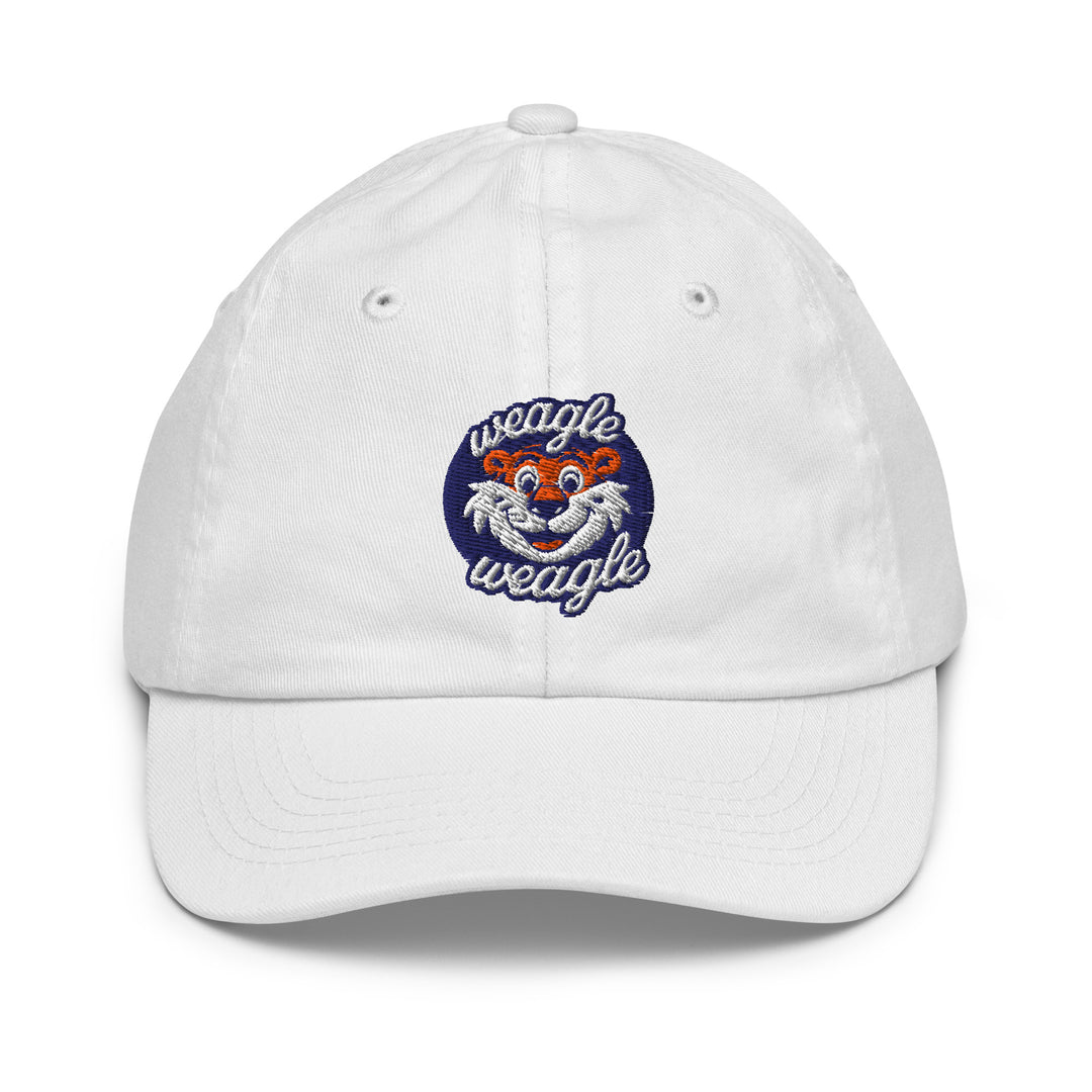 White kids and toddler Auburn War Eagle baseball hat with embroidered tiger logo, adjustable fit for young fans and game day outfits.