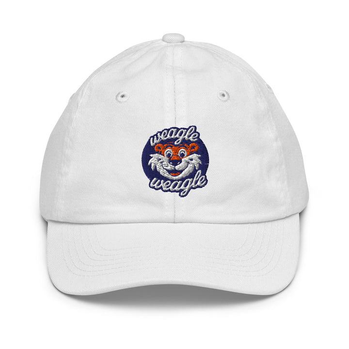 White kids and toddler Auburn War Eagle baseball hat with embroidered tiger logo, adjustable fit for young fans and game day outfits.