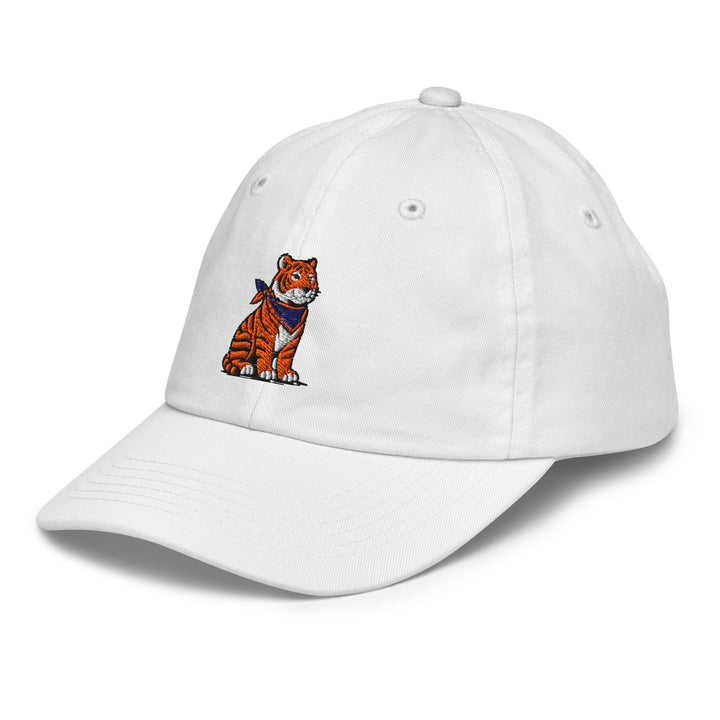 Kids and toddler Auburn tiger baseball hat with embroidered tiger logo on white adjustable cap worn by child for game day outfit.