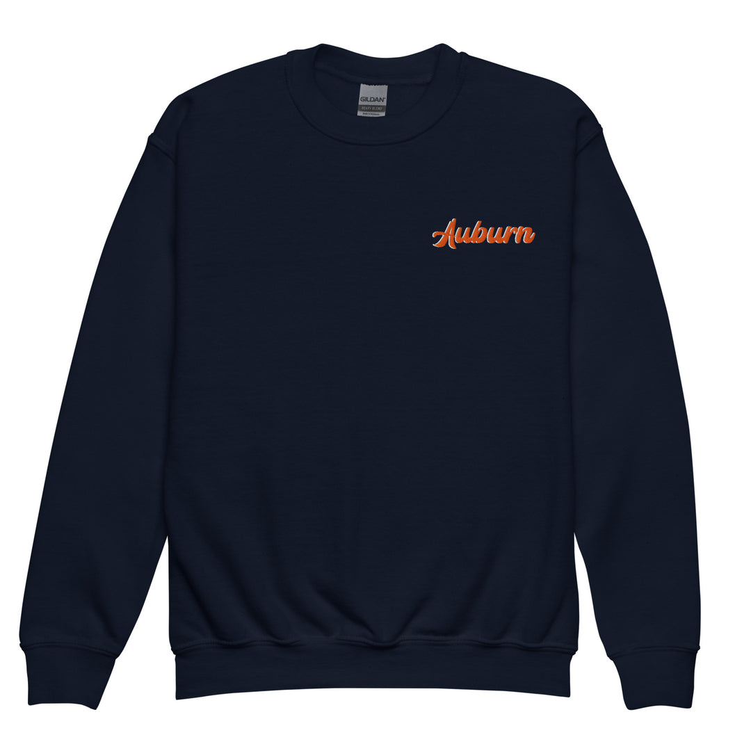 Product Mockup of a Kids navy Auburn script embroidered sweatshirt, long sleeve crewneck Auburn football game day apparel for children