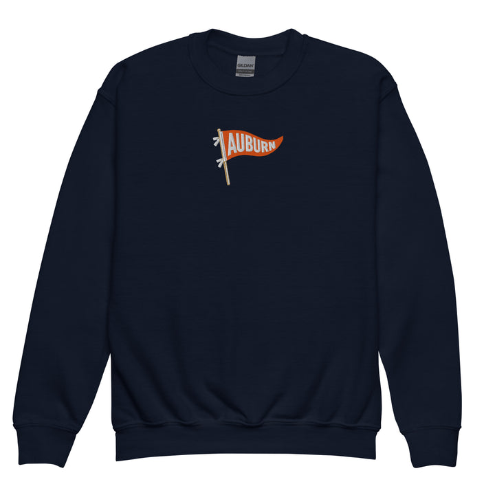 Kids navy Auburn football sweatshirt with vintage orange pennant graphic, long sleeve crewneck game day apparel for children
